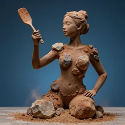 highly detailed photography of a woman made of rust clay, dressed in rocks, hand gesture, sharp focus, dust particles, dirt, dramatic scene, aesthetic, dynamic lighting, elegant, harmony, masterpiece, by roberto ferri, blue background, high quality, spatula