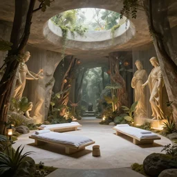 a concept oasis spa designed by tadao ando and yeezy, zaha hadid, artstation, an epic fantasy, cinematic lighting, hyper realistic, photographic, sharp focus, by greg rutkowski and alphonse mucha
