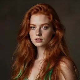 Beautiful young woman, Fae, portrait, long red hair, green highlights