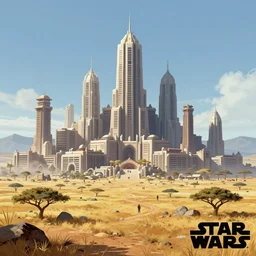 star wars concept art by greg rutkowski, brutalist city in the middle of a savannah landscape, cinematic sunset lighting, dramatic atmosphere.