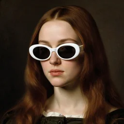 a pre raphaelite painting of daisy ridley wearing white acrylic retro oval sunglasses by dante gabriel rossett