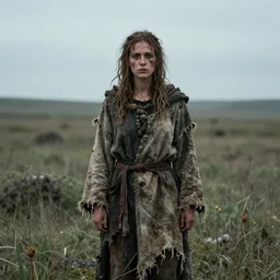 character and environment photography, portrait shamanistic infested 2 0 - year - old female barbarian, messy hair, old tattered robe, medium shot, wide angle, 2 0 0 px, full front, natural light