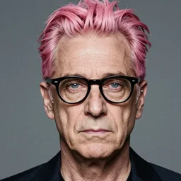 portrait of a Steve Buscemi cyberpunk pink hairstyle serious facial expression hipster glasses by Mario Testino, headshot, detailed, award winning, Sony a7R