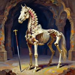 A spiked horse skeleton with armored joints stands in a large cavernous throne room with halberd in hand. Massive shoulderplates. Extremely high detail, realistic, fantasy art, solo, masterpiece, bones, ripped flesh, saturated colors, vivid, lucid, rainbow, vibrant art by Zdzisław Beksiński, Arthur Rackham, Dariusz Zawadzki, Harry Clarke, Wassily Kandinsky, Lisa Frank