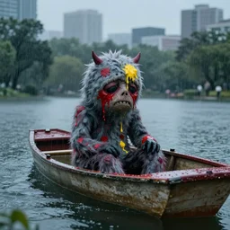the pain is splattered on the sad monster's face on a rainy day in a boat on a pond in a city park, stormy waves, hints of red and yellow, fantasy, unreal engine