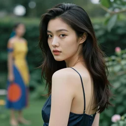 beautiful woman with her back turned, in a garden, imperil, beauty portrait by greg rutkowski, hilma af klint, moebius, victo ngai, sharp focus, global illumination, highly detailed, masterpiece, award winning, post processing