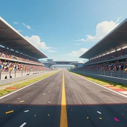 wide angle shot worms eye view of a futuristic racetrack winner circle with confetti on a sunny day with a clear blue sky, cyberpunk, profile shot, digital painting, good value control, vibrant colors, crowded stands, three point perspective, rule of thirds, golden ratio, horizon line focus, sharp focus, vanishing point, 8 k, fourze