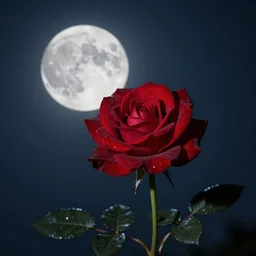 a blood red rose blooming at night under the full moon 8 k hyperrealism nightscape