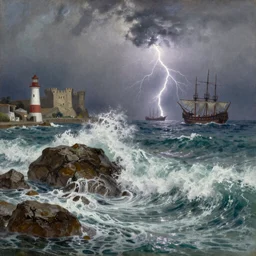 closeup of giant waves breaking against rocks, harbor, medieval castle, lighthouse, galleon, ships, lightning, storm, eerie sky, evil sky, shimmering iridescent water, in the style of Hovhannes Aivazovsky, Zdzislaw Beksinski and Canaletto, highly detailed, soft lighting, film grain, medium format, 8k resolution, oil on canvas