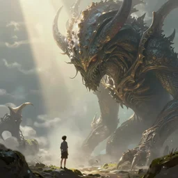 gigantic eldritch creature looking down at a tiny human, digital art, realistic, detailed, artstation