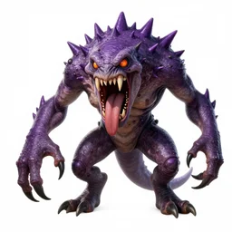 creature with terrible claws and terrible teeth in his terrible jaws, he has knobbly knees, and turned-out toes, and a poisonous wart at the end of his nose, his eyes are orange, his tongue is black, he has purple prickles all over his back