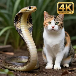 a highly detailed nature photo, shot from low angle, of a king cobra snake and a calico cat being best friends, award winning photo, 8 k