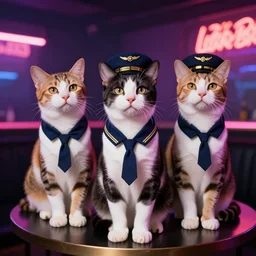 calico cats wearing navy pilot dress uniform, 8 0 s nightclub, neon lighting, 3 5 mm, f / 2. 8