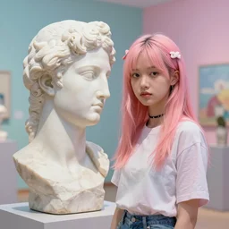 a young beautiful woman made from marble, face in the style of constantin brancusi : 5, wes anderson background, casual modern clothing, artgem, portrait, boris valejo, kawaii hairstyle, pastel colors, colorful, octane render, digital painting, details, contemporary sculpture, unreal engine, museum piece, dynamic light,