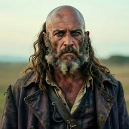 an award winning outdoors portrait photo of a dirty, old, head shaven french chubby 1 7 0 0 s dirty caribbean olive tanned pirate with shaved head and curly grey dirty beard, crooked big stern face, blue eyes, wearing a big coat, daybreak, movie color graded