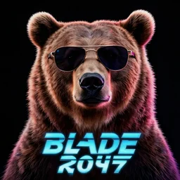 still of a poster with a close up photo of a real grizzly bear wearing sunglasses, black background, in the movie Blade Runner 2049, HD, neon lit, highly detailed, no text