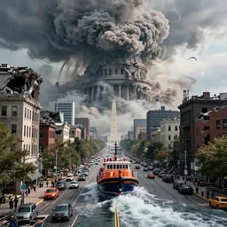wide view of lifeboats crossing washington dc streets after humongous tsunami, damaged burning buildings, hyperdetailed, artstation, cgsociety, 8 k