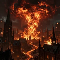 a cyberpunk medieval gothic dark - ages city, rich contrast, fire - twister, fire - tornado, lava - twister, feeling of grimdark and gothic horror, explosions and fire, hyperrealistic, octane render, unreal engine, cryengine 8 k uhd