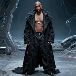 an 8 k futuristic official photograph of tupac shakur posing shirtless inside of an alien planet wearing a huge torn up black coat and y 2 k black pants