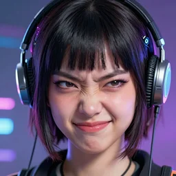 close-up portrait of a cheeky cyberpunk girl grimacing, CG, trending on artstation, 4K