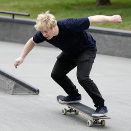 Boris Johnson going down a rail on a skateboard