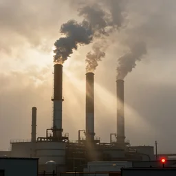 a factory in fog, sun beams breaks through smoking pipes, a small red light is flashing in the bottom right corner, 4k, ultra details, cinematic, epic style, beautiful photo, hyper realistic, octane render, unreal engine, award winning, on artstation, volumetric lightning, masterpiece, golden hour,
