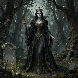 beautiful woman, Queen of the dead, old cemetery, trees, creepers, full body shot, detailed illustration, digital art, overdetailed art, concept art, Greg Rutkowski, trending on artstation