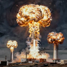 a detailed painting of many nuclear explosions