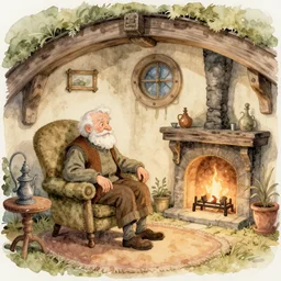 whimsical fantastical a muted color watercolor sketch of a old man sitting in big chair next of a fireplace in his whimsical fantastical hobbit house living room surrounded by stacks of books from a whimsical fantastical story book character ifrom the book Baltimore & Redingote by Jean-Baptiste Monge of an old man in the style of by Jean-Baptiste Monge that looks like its by Jean-Baptiste Monge and refencing Jean-Baptiste Monge