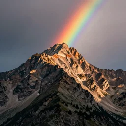 a mountain portrait with in the sky a rainbow