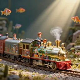 highly detailed closeup portrait of a cute tin toy retro train set, nicoletta ceccoli, mark ryden, lostfish, earl nore, hyung tae, frank frazetta, global illumination, god rays, detailed and intricate environment