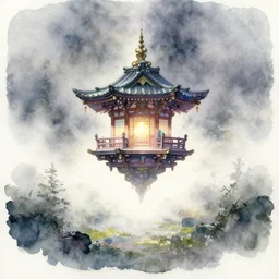 centered on watercolor paper, paint brush strokes, watercolor painting of a hovering miniature shrine, enchanted, iridescent and ethereal, in a misty landscape, perspective, oriental, cinematic light, in the style of noriyoshi ohrai
