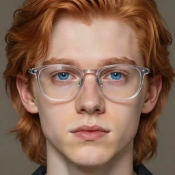 2 4 - year - old man, masculine face, square jaw, ginger hair, sapphire blue eyes, transparent glasses, hyper realistic face, beautiful eyes, highly detailed, digital painting, smooth, sharp, beautiful face, expressive eyes, medium long wavy ginger hair, art by greg rutkowski and alex gray