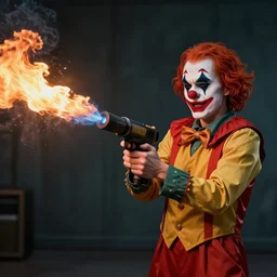 photo of a clown using a flamethrower projecting a long flame. award-winning, highly-detailed