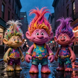 night flash portrait photography of animatronic trolls that hate ai art on the lower east side by annie leibovitz, colorful!!, nighttime!, raining!