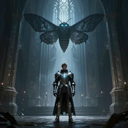 man lost in the darkness, good anatomy, fantasy knight, magic armor, servant of dark moth, magic eyes, digital art, concept art, best of 2023 on artstation style, simulation, structure, fine, wide angle, natural light, volumetric, behind is a great church of magic