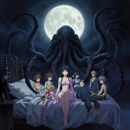 my bed giant cthulhu in the dark moon light by gaston bussiere, anna nikonova aka newmilky, greg rutkowski, yoji shinkawa, yoshitaka amano, tsutomu niehi, moebius, donato giancola, geoffroy thoorens, concept art, trending on artstation, featured on pixiv, cinematic composition, 8 k