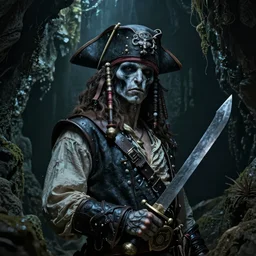 photo of a ghostly pirate head and torso, holding a cutlass, and standing in a grotto, photorealistic, dark, atmospheric lighting, lovecraft, intricate, ultra detailed, well composed, best on artstation, cgsociety, epic, stunning, gorgeous, intricate detail, wow, masterpiece