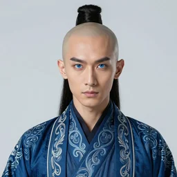 bald male martial artist with a ponytail at the top of his head!!! asian facial features and blue eyes!! intricate ornate blue robes!! character concept art, sharp focus, octane render! unreal engine 5! highly rendered!! trending on artstation!! detailed linework!! illustration by artgerm, wlop, and chie yoshii
