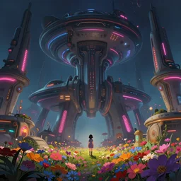 beautiful low angle painting of an alien world with sleek architecture, steampunk, ground made of multicolour flowers, neon lights, a tiny girl watching on, in the style of don bluth, elegant, highly detailed, digital painting, artstation, cinematic lighting, glowing light and shadows, trending on artstation, octane render