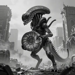 nautilus with extra teeth, prometheus movie monster, xenomorph, highly detailed background, black and white, haze, ancient city,
