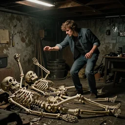 An realistic, detailed image of an guy discovering a bunch of skeletons raving in his basement