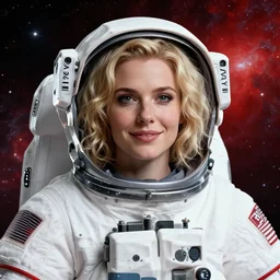 highly detailed portrait of a hopeful pretty astronaut lady with a wavy blonde hair, by james gilleard, by joe fenton, by greg rutkowski, by konstantin yuon, by kaws, by kate beaton, 4 k resolution, nier : automata inspired, bravely default inspired, vibrant but dreary but upflifting red, black and white color scheme!!! ( ( space nebula background ) )
