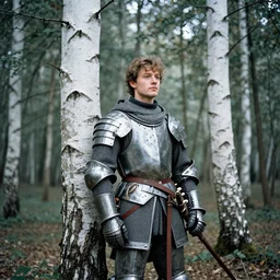 lovely medieval knight in a birch tree forest, by trent parke, overexposed, film grain