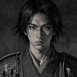 samurai portrait by Sean Yoro and Chie Yoshi, dark, moody, washed colors, detailed