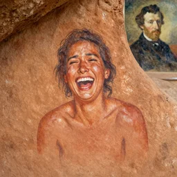 i laughed until i cried. cave paintings in ochre colors with a rembrandt watercolor in the background