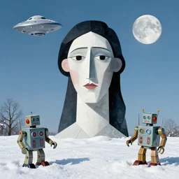 cubist portrait of sky, winter, snow, 1 9 5 0 s scifi, tin toy robots, ufo, flying saucer, moon, meninblack, steampunk, alley, streets, nicoletta ceccoli, mark ryden, lostfish, artstation, illustration, digital paint, matte paint, vivid colors, bright, cheerful