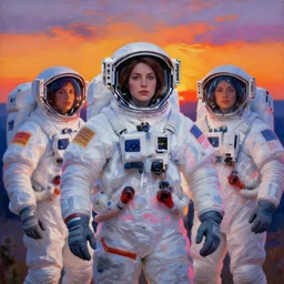 stunning female astronauts, sunset, neon light, painting by gaston bussiere, craig mullins, j. c. leyendecker