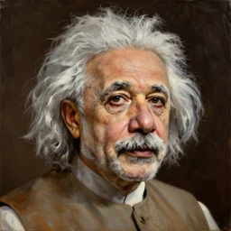 Narendra Modi as Albert Einstein, masterpiece, oil on canvas, by Greg Rutkowski, neoclassical portrait, sharp, HD, detailed, cinematic composition, dramatic, concept art, best lighting, 8K,