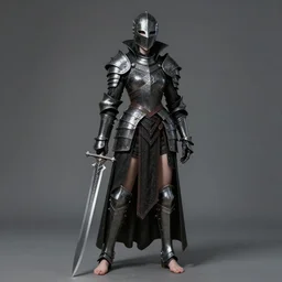 full portrait, female vampire knight in black heavy armor, metal mask, gladiator sandals, barefoot, little skin shown, realistic proportions, ghostblade, wlop, reasonable fantasy